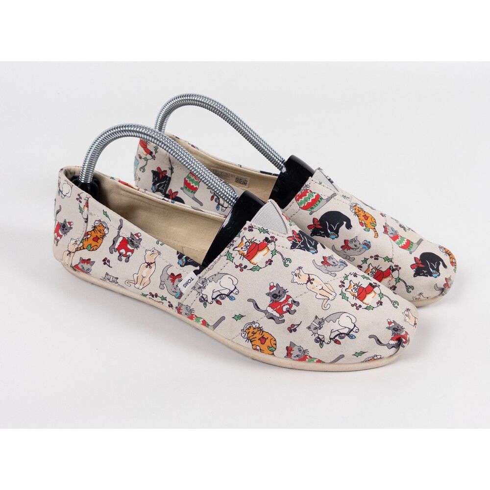 TOMS Belmont Holiday Cats Women's Slip on Shoes Flats Size 10 Christmas Gray